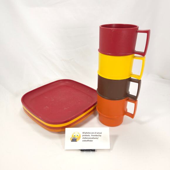 Tupperware Bundle 4 #1312 Stacking Mugs 4 #1534 Square Plates Harvest Colors - Picture 2 of 7